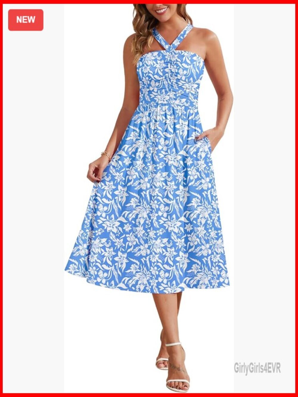 Criss Cross Ruched Halter Midi Dress Flow A Line Beach Floral Sundress with